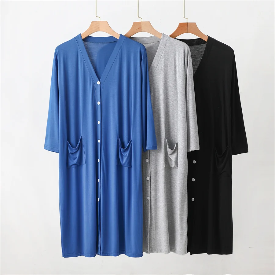 2024 Summer Men\'s Pajamas Robe Modal Cardigan Sleepwear Loose Bathrobe Male Shirt Dress Casual Draped Home Clothes for Men