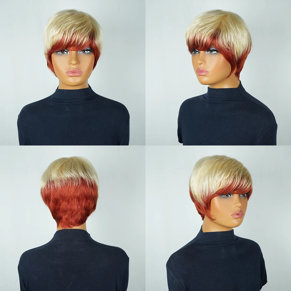 شقراء أومبير قصيرة عابث قطع الباروكات شعر الإنسان مستقيم شعر مستعار البرازيلي شعر ريمي مع الانفجارات قبل قطعها للنساء آلة كاملة صنع #5