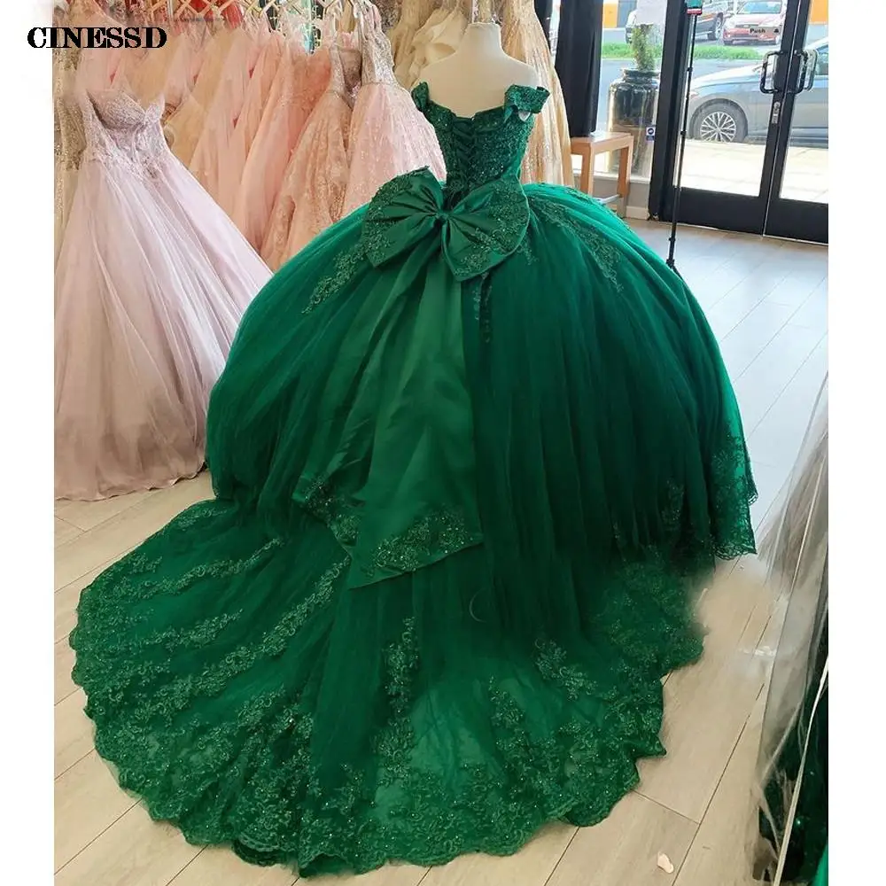 Emerald Green Ball Gown Quinceanera Dresses Appliques Beads Pearls Off the Shoulder Sweet 16 Dress Vestido De 15 Anos Lace-Up