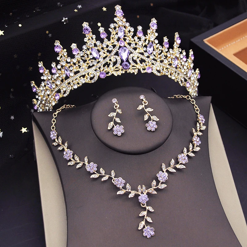 3 Pcs Set Crown Jewelry Sets for Bridal Wedding Dress Jewellry Tiaras Flower Choker Necklace Sets Costume Accessories