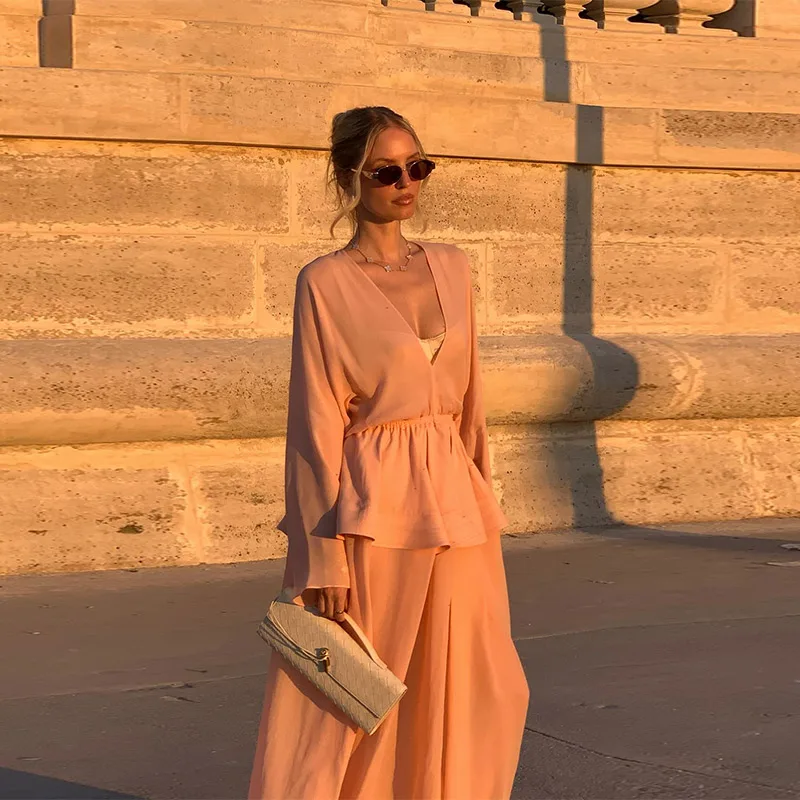 

Fashion V-neck Belted Long Sleeve Dress Women's Pink Vestidos Elegant Draping Sle Spring Summer Season High Waist Chiffon