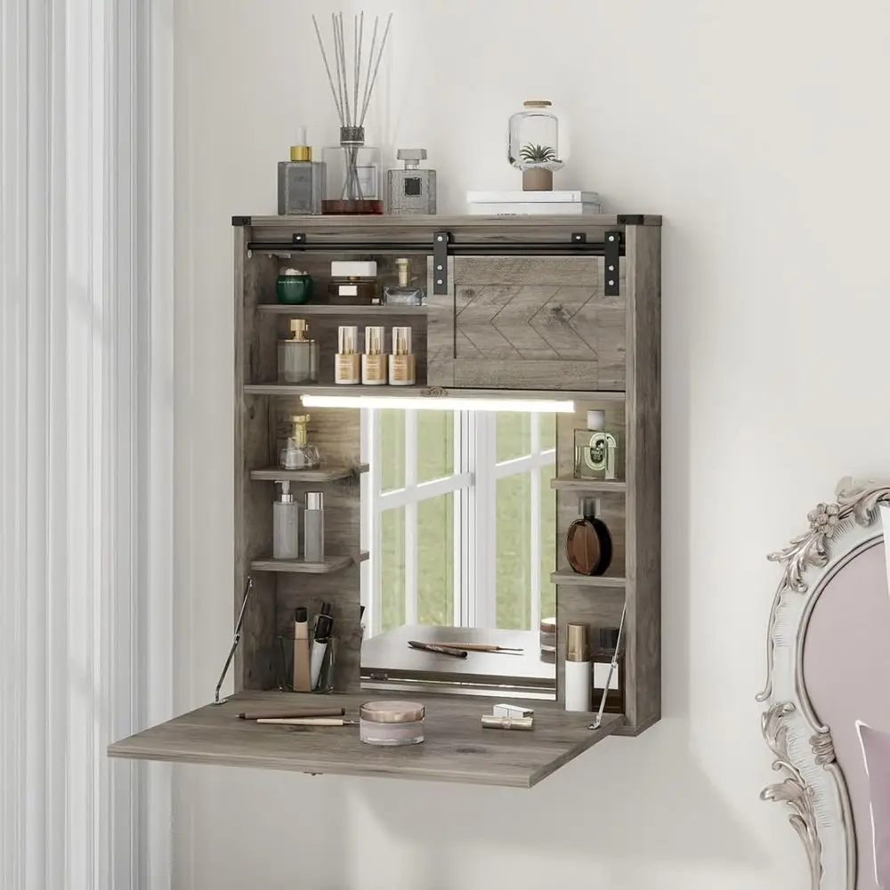 loating Vanity Desk with Mirror and Lights Small Wall Mounted Makeup Set with Storage Gray armhouse Dring Table or Tiny Space