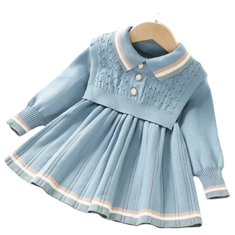 Girls Sweater Dress Autumn Winter Long Sleeve Dress+vest Kids Dresses for Girls Baby Girl Retro Knitted Princess Dress Vestidos