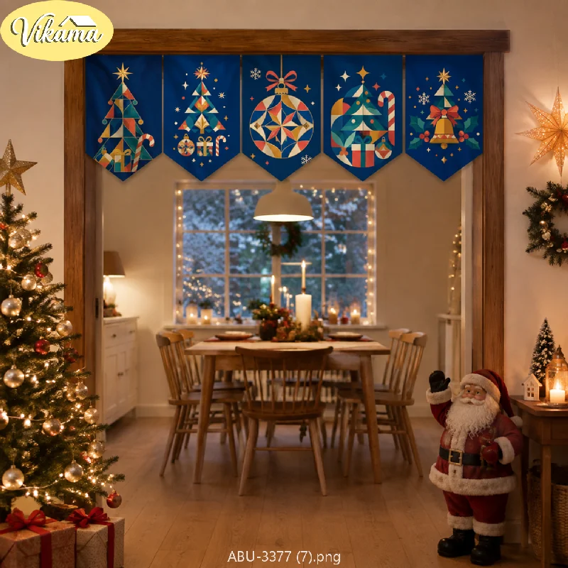 VIKAMA Christmas Beige Chinese Bamboo Tree Pennant Banner Mountain Snowman Gift Green Door Hanging Bedroom Living Room Dorm Home