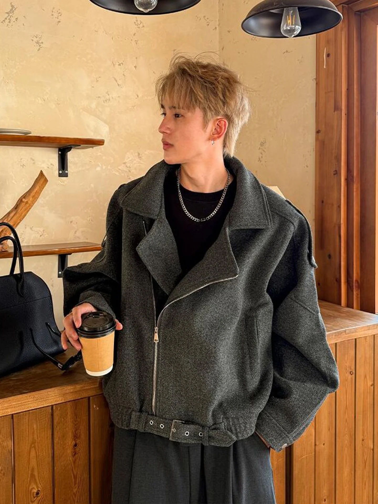 

Мужское шерстяное пальто Cleanfit с двойным воротником, деконструированный дизайн, осеннее теплое хлопковое пальто, повседневное пальто на молнии