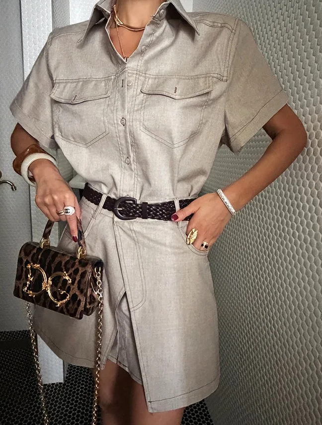 

Dongda Gate Women's Short Sleeve Shirt Dress One-Piece Half Skirt Set Casual Workwear Straight Cut Summer Outfit