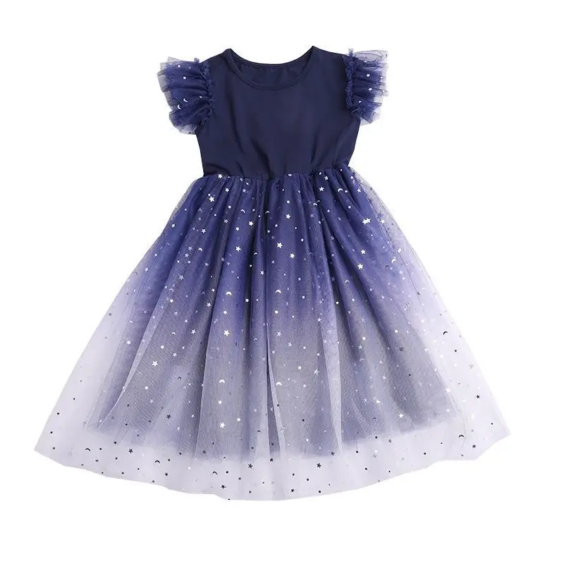 2023 sommer Mädchen Sterne Gradienten Kurzen Ärmeln Kleid Kinder Spitze Mesh Prinzessin Kleid Kinder Halloween Karneval Party Kostüm