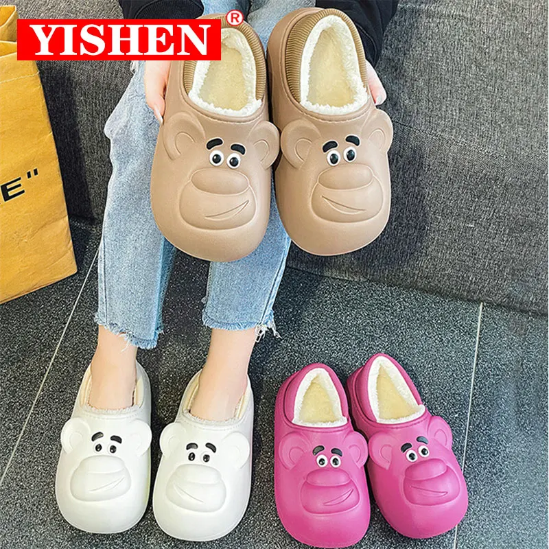 

YISHEN Women Slippers Indoor Warm Plush Waterproof Winter Home Cotton Shoes Non Slip Cute Funny Face Slides Femmes Chaussons