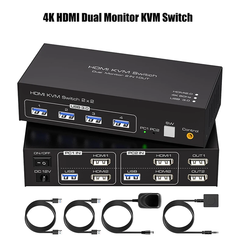 

KVM-переключатель 4K HDMI с двумя мониторами, 2 монитора, 2 компьютера, 4K @ 60 Гц, USB 3,0 KVM-переключатели для 2 ПК или ноутбуков, совместное использование клавиатуры и мыши