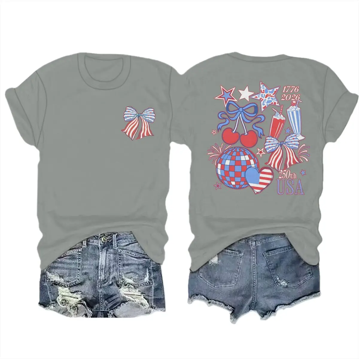 Vintage Coquette 4th of July 1776-2026 Shirt Women Patriotic Bow Disco USA 250th Anniversary Casual Graphic Short Sleeve Tee