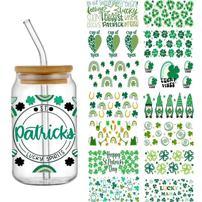 Shamrock Leopard ST patricks Day CAN Glass สำหรับห่อถ้วยขนาด16ออนซ์สติกเกอร์ลอกลายป้ายสั่งทำกันน้ำกาวในตัวโลโก้ DIY