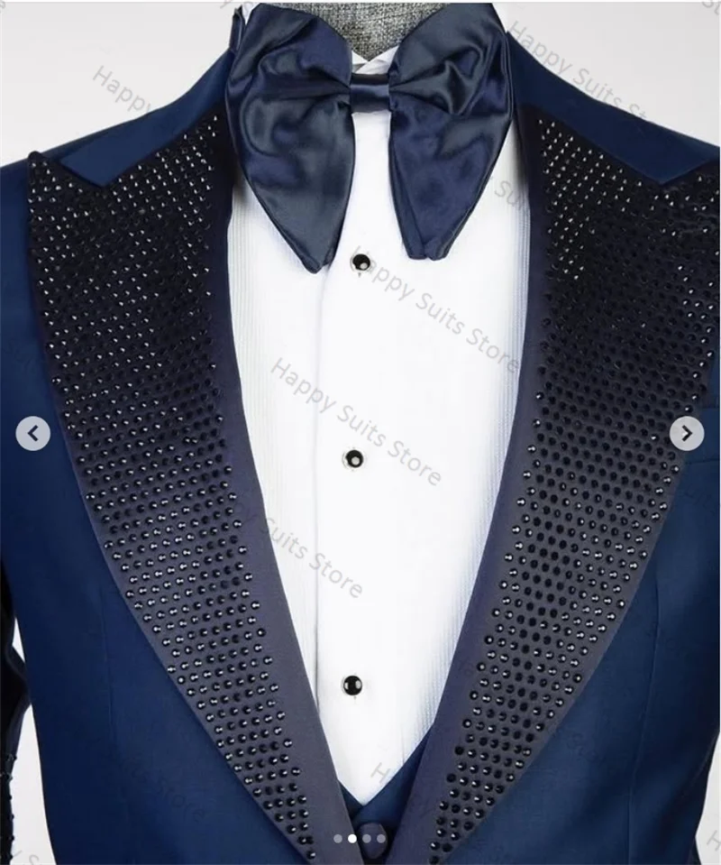 Conjunto de pantalón de traje azul para hombre, chaqueta con cuentas + pantalones negros, chaqueta de trabajo para oficina y negocios, abrigo con un botón, esmoquin para graduación y boda, 2 uds.