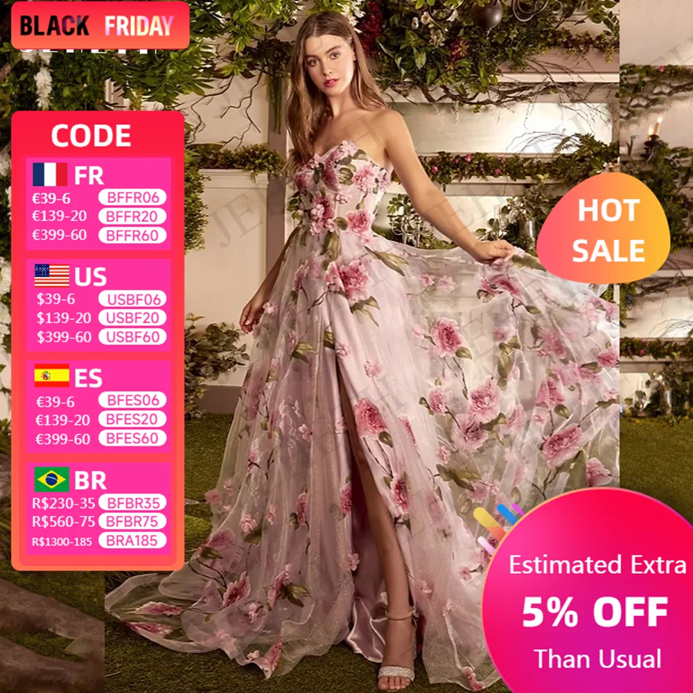 JEHETH Prom Dresses For Women 2023 Pink Floral Print Split Party Elegant Strapless A Line Evening Gown Fairy فساتين مناسبة رسمية