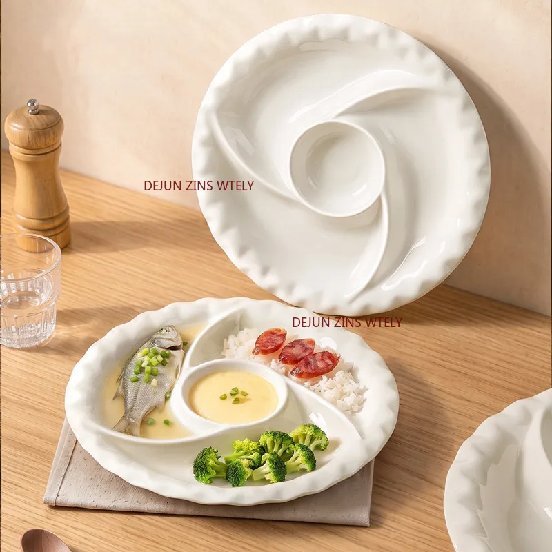 10/12 Inch White Ceramic Windmill Split Serving Dinner Plate Compartment Ceramic Plate Fitness Weight Loss Meal Salad Plate