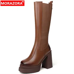 MORAZORA 2022 New Arrive Zipper Winter Knee High Boots Genuine Leather Women Boots Thick High Heels Platform Shoes