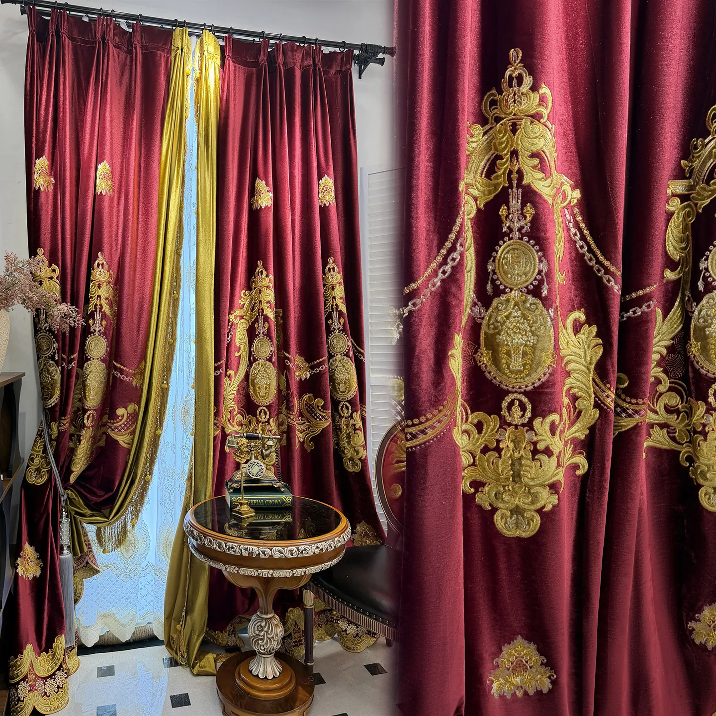 European Red Embroidered Gold Velvet Paneled Tassels Luxury Curtains for Living Dining Room Bedroom White Tulle Window Decor