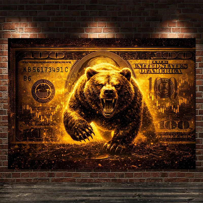 Finance Stock Poster Golden Bull Bear Dollar Canvas Painting Large Size HD Print Modern Wall Art Picture Living Room Home Decor