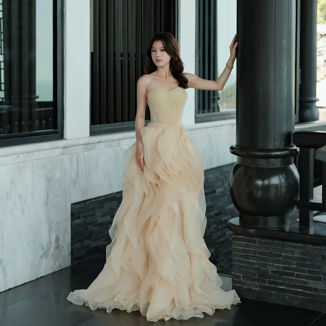 Champagne Nude Off Shoulder Sweetheart Neck Boned Corset Waist Multi-layer Ruffle Chiffon Tulle Flowy Mermaid Sweep Train view 2
