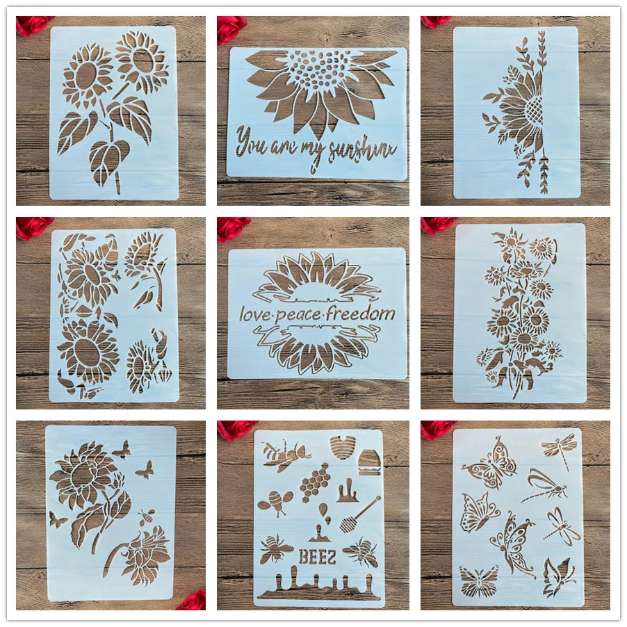 A4 29*21 cm bricolage pochoirs peinture murale Scrapbook coloriage gaufrage Album décoratif papier carte modèle, mur. tournesol