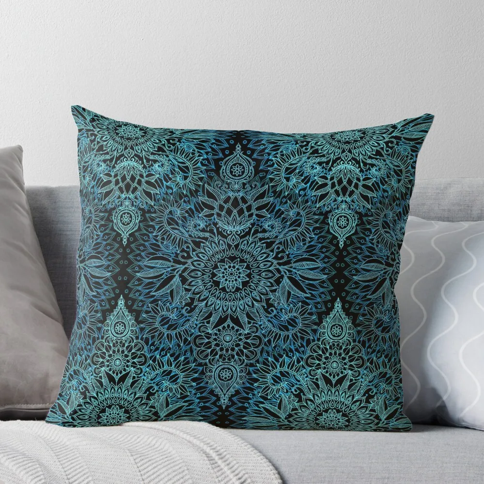 Black, Teal & Aqua Protea Doodle Pattern Throw Pillow ornamental pillows Pillowcases Cushions For Children Anime