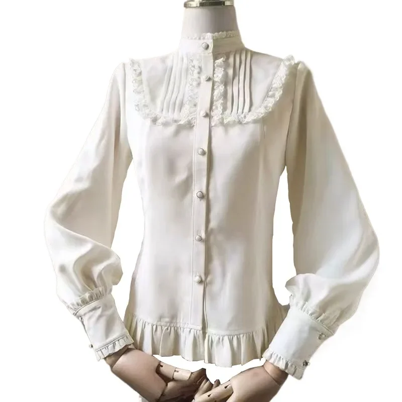 Lolita Lace Ruffle Formal Shirt Button Up Long Sleeve Blouse Vintage Women Sweet Stand Collar Tops Victorian Costume