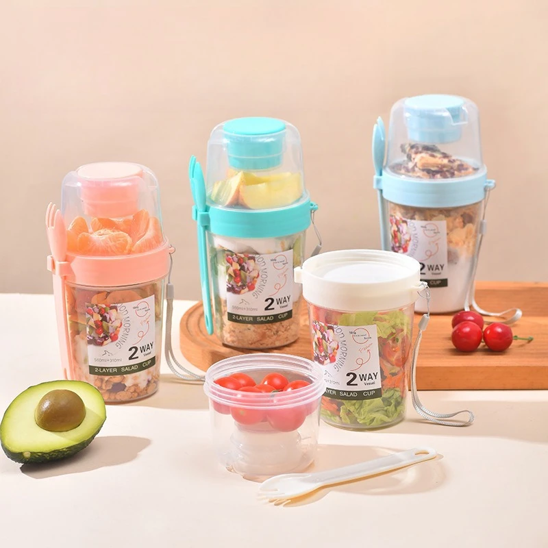 

Multi functional water cup, salad oat cup, portable fruit and vegetable yogurt with fork lid for outdoor use