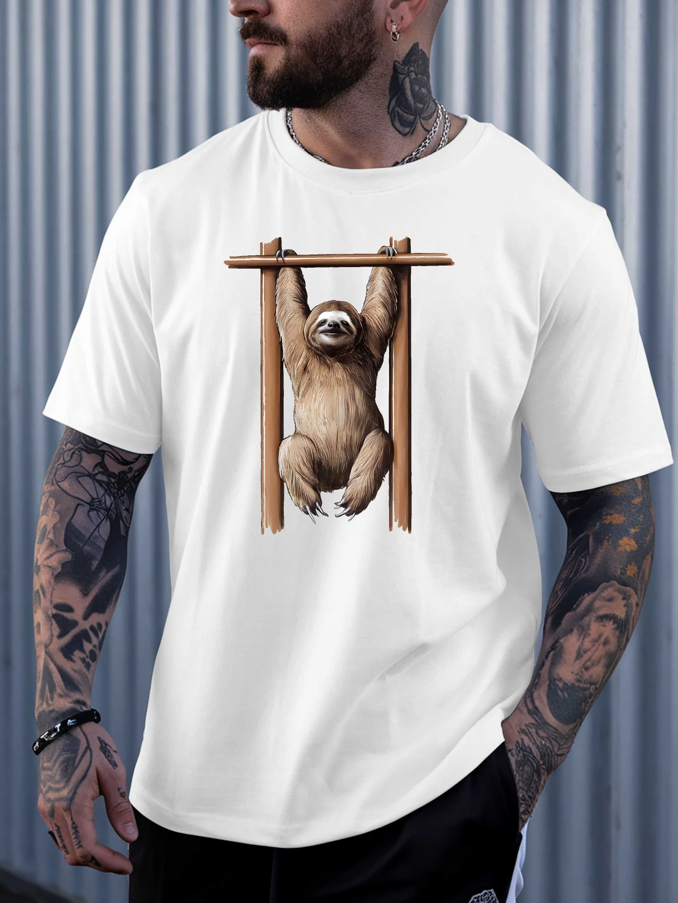 Mens Crew Neck Cotton T Shirt Hanging Sloth Wooden Frame Print Short Sleeve Lovely Animal Casual Street Fashion Daily Top