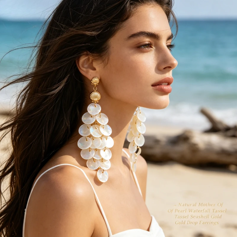 1pair Gold Shell Cap Natural White Shell Disc Tassel Dangle Earrings for Women Teen Girls, Bohemian Layered Mother Of Pearl Sequins Long Drop Earrings, Nickel Lightweight Accessories Gift for Wedding Bridal Hawaii Holiday Birthday