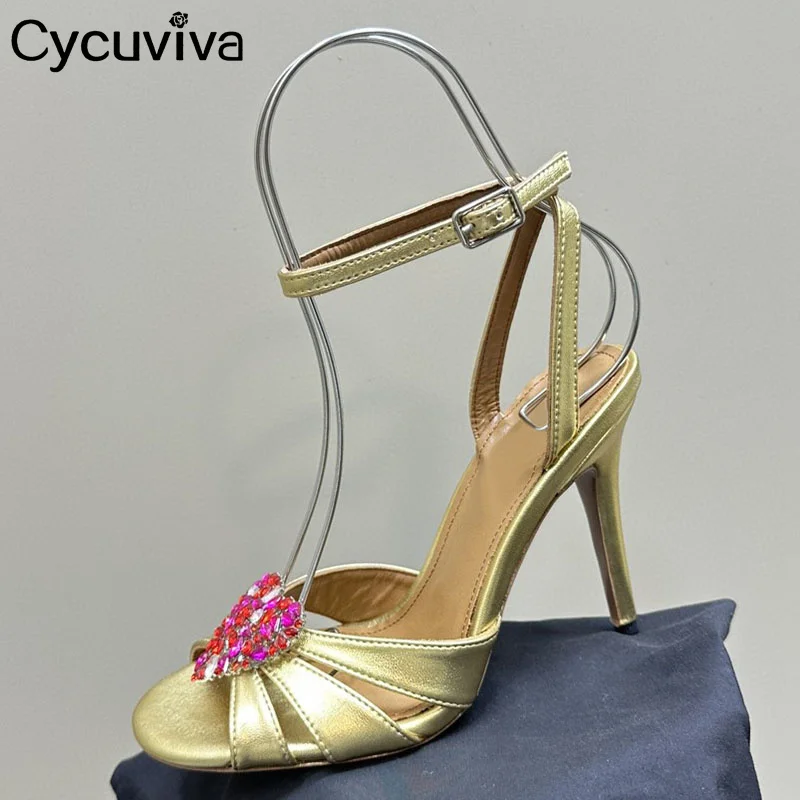 

New Heart Crystal High Heel Sandals Women Ankle Strap Bridal Wedding Shoes Women's Dress Sandals Luxury Shoes Satin Sandals