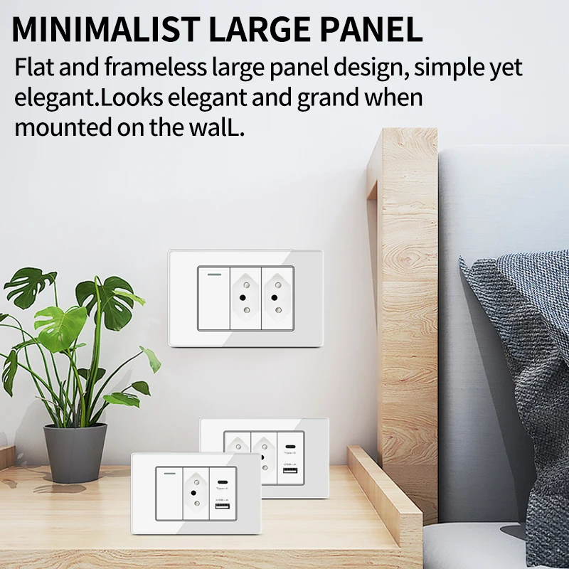 T&I 118 مآخذ التبديل الجدارية لوحة من الزجاج المقسى Type-C USB مقبس الحائط حزمة للبرازيل ، 3 عصابة الجدار التبديل