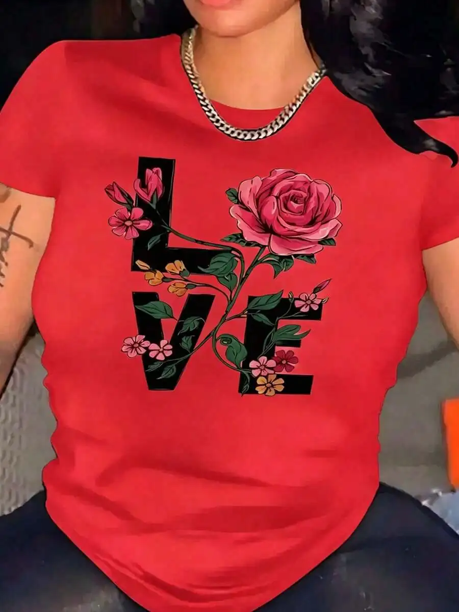 Women's Crew Neck Graphic T-Shirt, LOVE Rose Floral Print, Elegant Casual Short Sleeve Tee, New Arrival For Daily And Party Wear