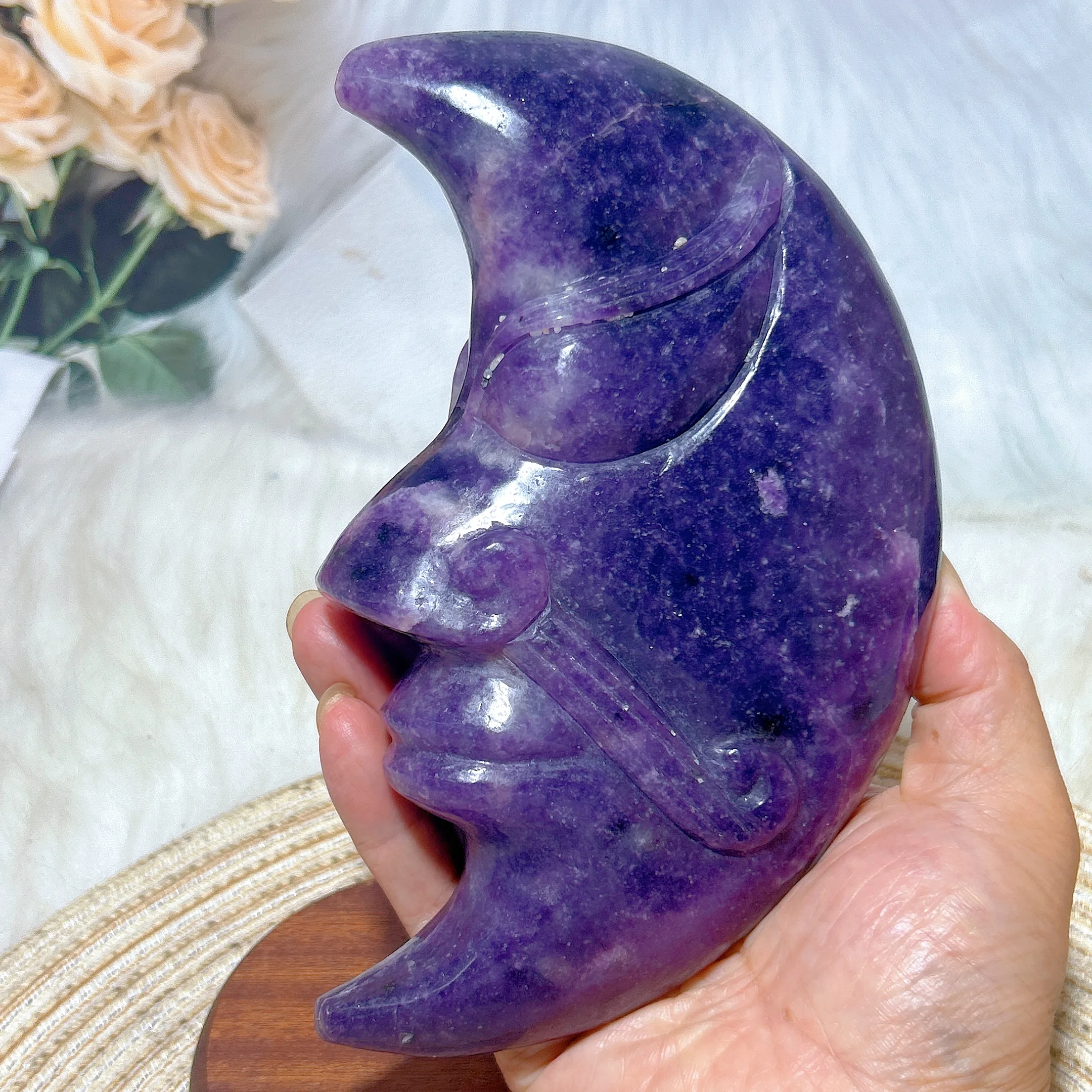 Healing Natura Crystal Lepidolite Moon Face Big Carving High Quality Flashy Gemstone Reiki Energy Ore Home Decoration Gift