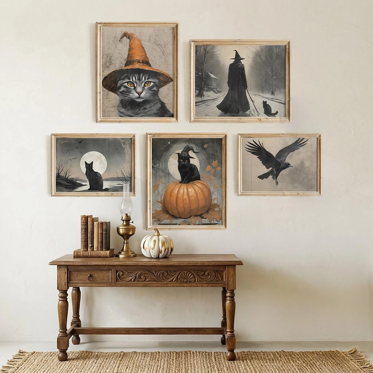 5Pcs Vintage Halloween Witch Cat Crow Canvas Wall Art, Dark Academia Pumpkin Full Moon Print, Gothic Farmhouse Autumn Home Decor