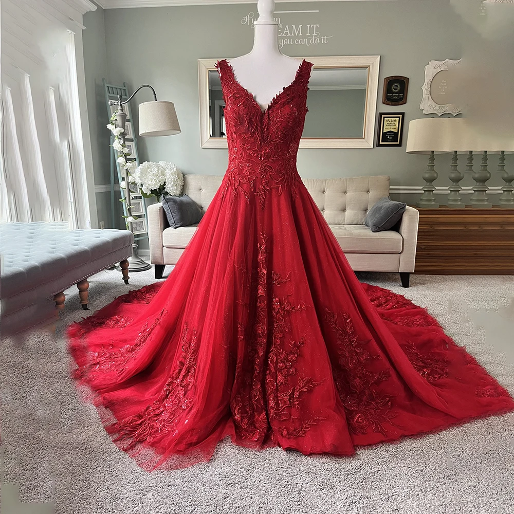 

Red Wedding Dresses V-Neck Sleeveless Halloween Bride Dress Appliques Tulle Elegant Bridal Gown Customized vestidos de novia