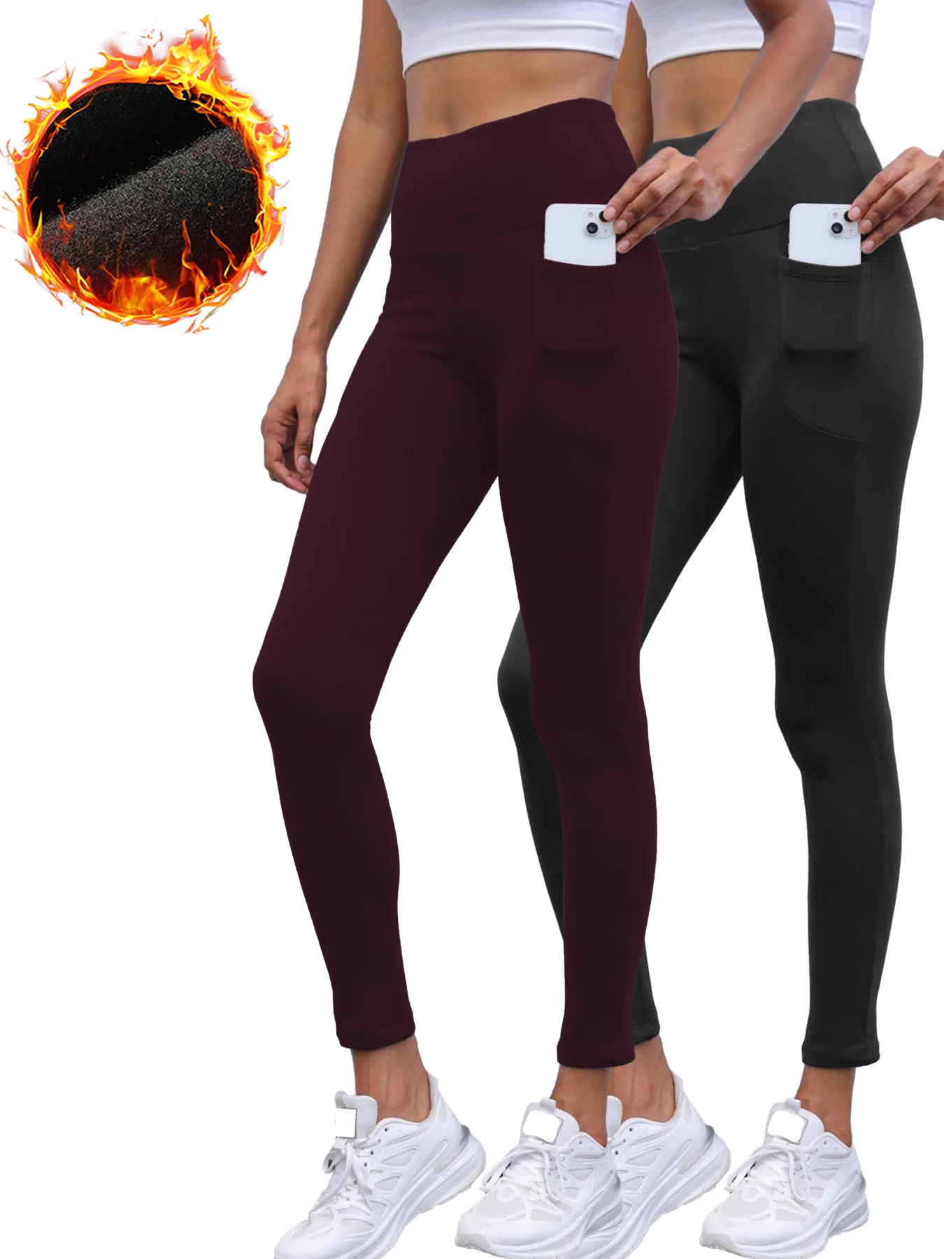 

Комплект из 2 женских термобелье на флисовой подкладке с карманами, зимние теплые толстые колготки с высокой талией для тренировок с контролем живота