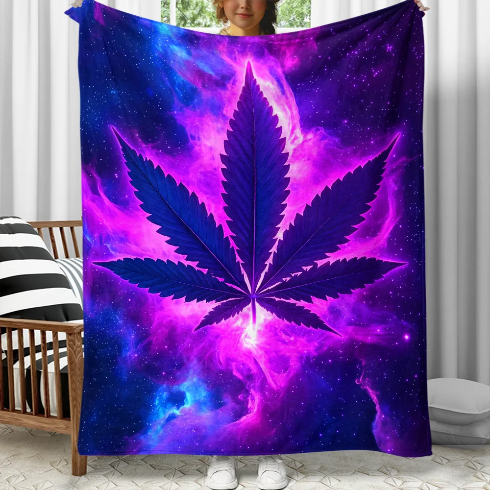 Purple galaxy cannabis leaf flannel blanket psychedelic space design cool hipster blanket for adults bedroom decor unique gift