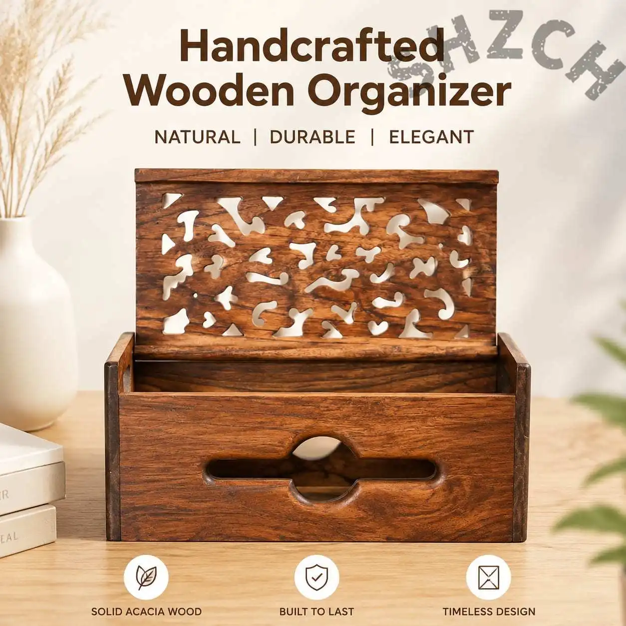 Wooden Cable Organizer Box with Power Strip Holder – Desktop Charging Station & Cord Management Solution for Home and Office