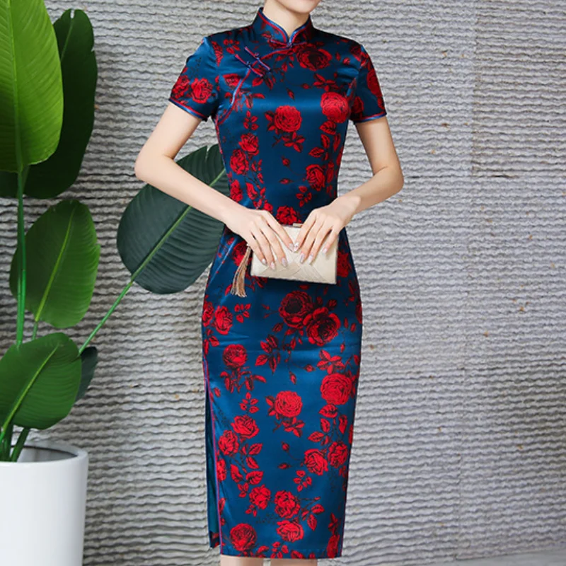 Mandarin Collar Chinese Style Vintage Button Dresses Women Print Flower Cheongsam Short Sleeve Qipao Sexy Silk Vestidos