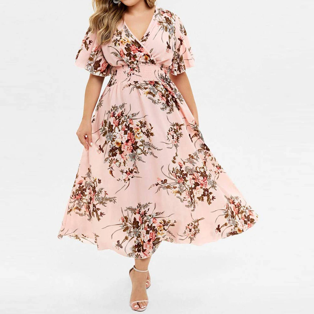 2024 New Sexy V-Neck Women\'s Beach Dress Plus Size Elegant Butterfly Sleeve Floral Print Vestidos Ladies Fashion Wedding Dress