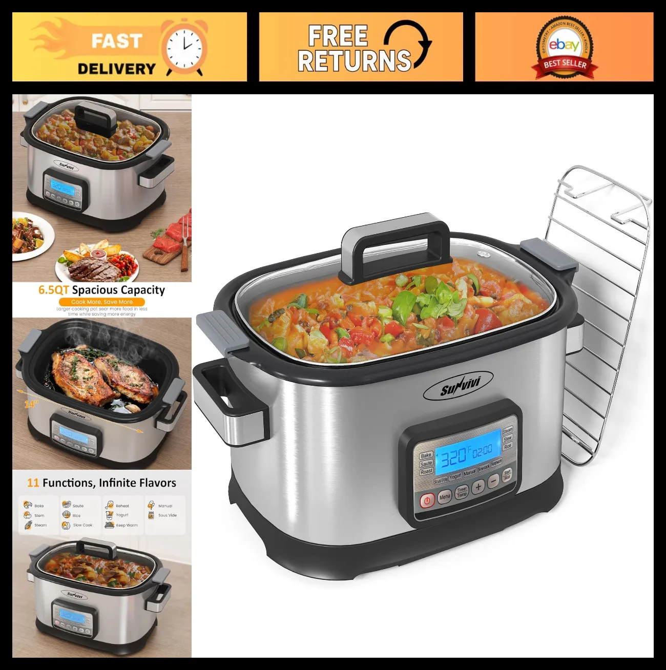

6.5 Quart Multi-Cooker Slow Cooker & Roaster Oven - 11-in-1, Digital Timer, Temp