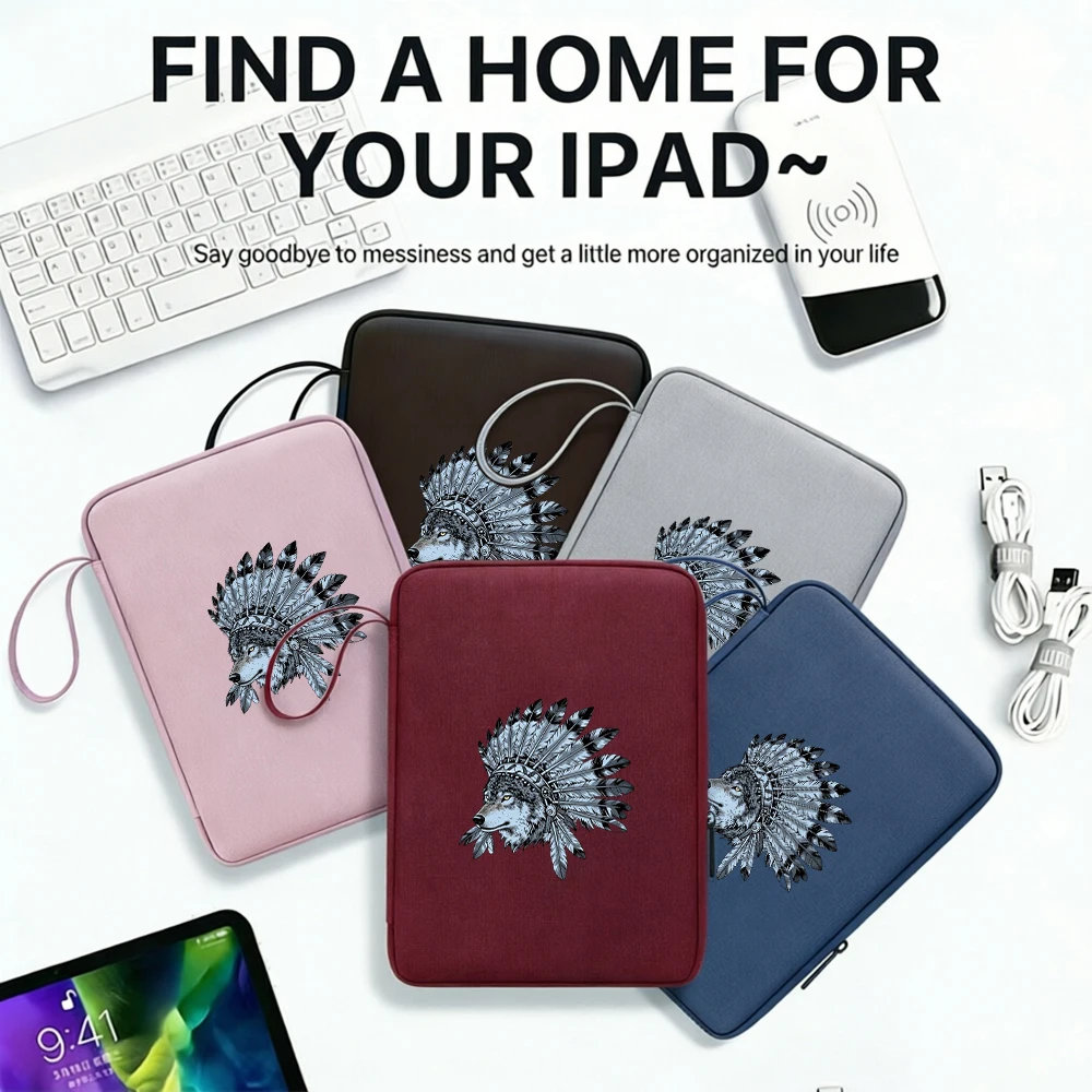 Indian Chief Wolf Print Boho Tablet Sleeve, Water Resistant Dual-Layer Bag with Pen Slot & Keyboard Pocket, Zipper Shockproof