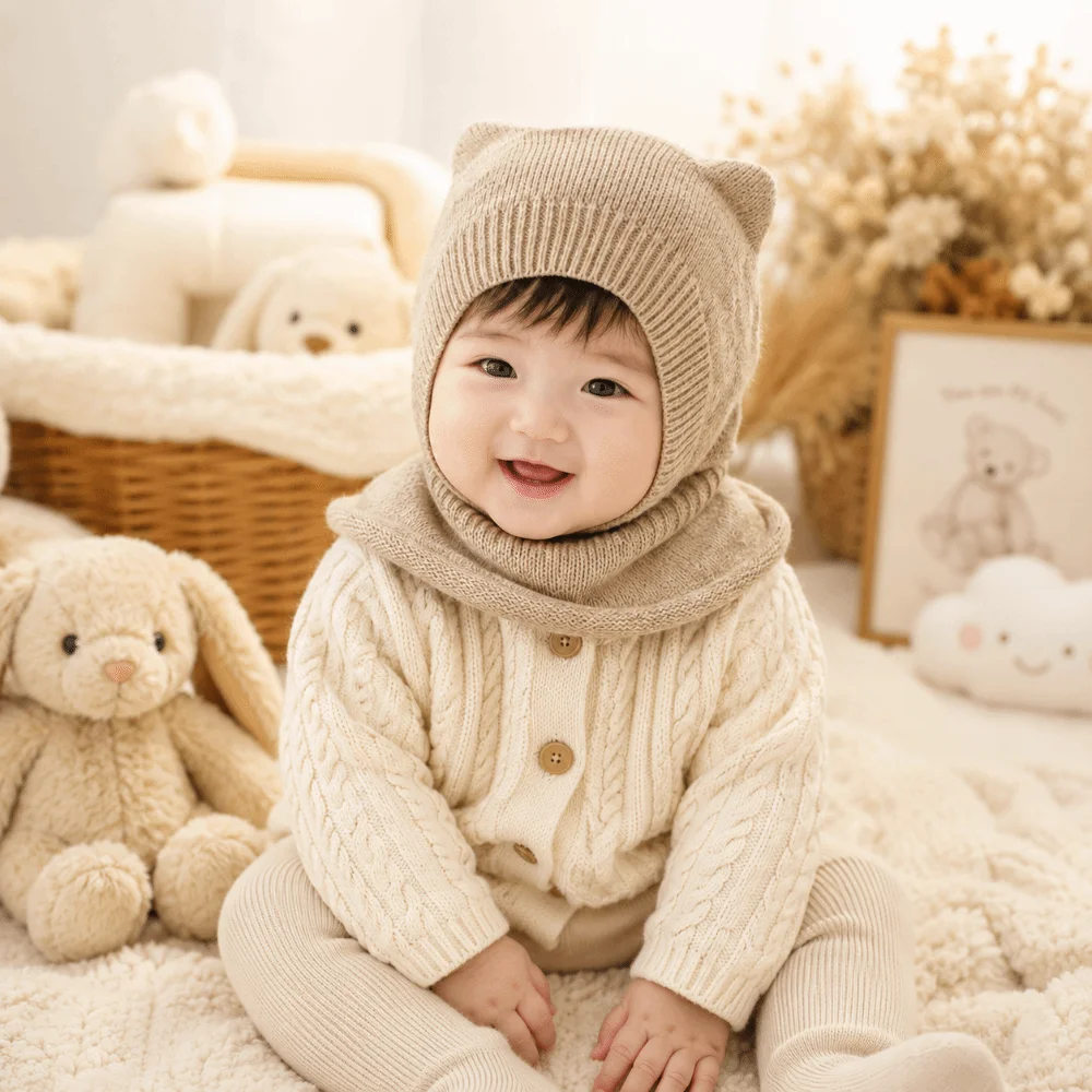 New Warm Woolen Baby Balaclava Hat Solid Color Windproof Knitted Beanie Cap Ear Protection Soft Winter Toddler Hat Boy Girl view 5