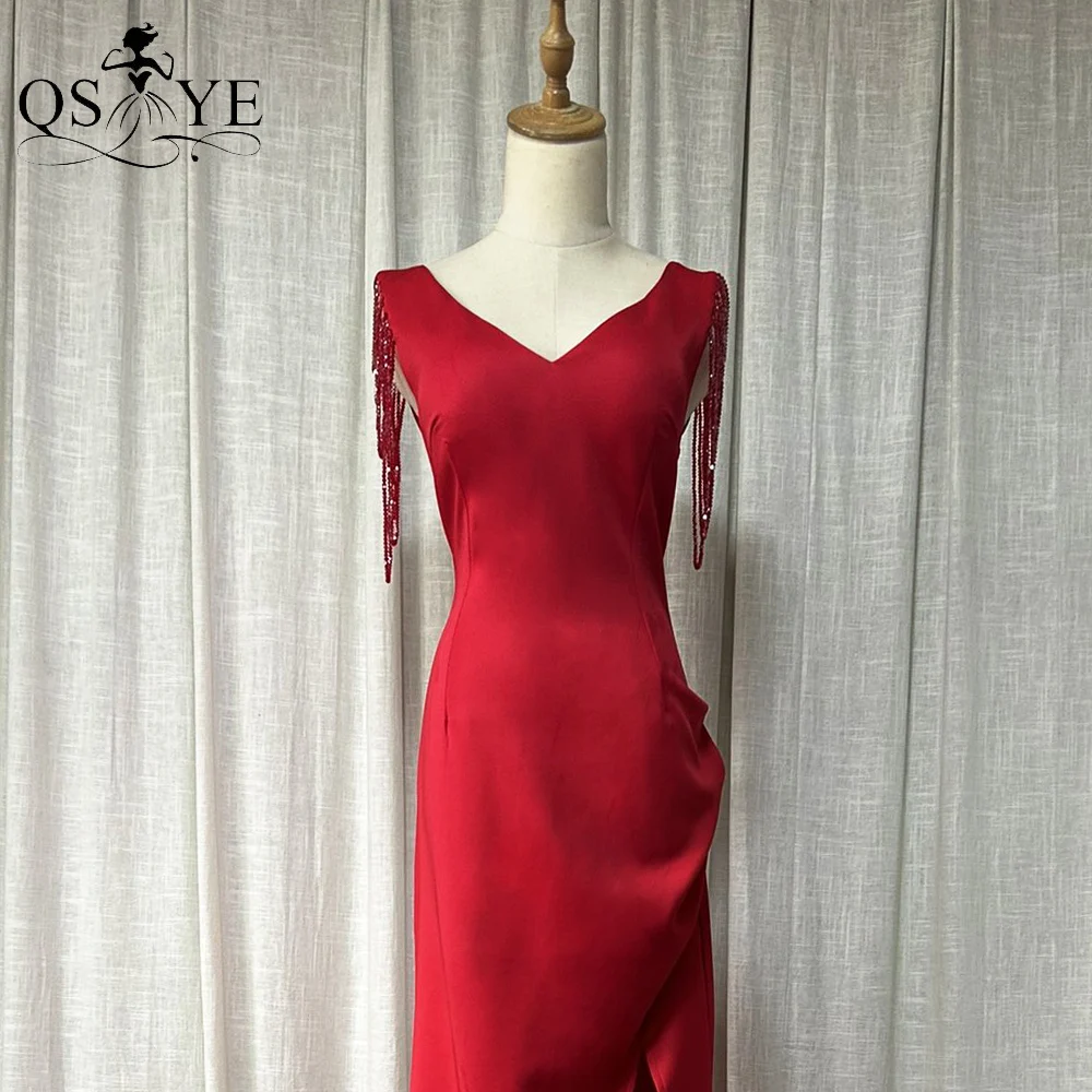 Vestido largo de fiesta para mujer, traje rojo elástico con tirantes y cuentas, cuello en V, Formal, con abertura, para baile de graduación