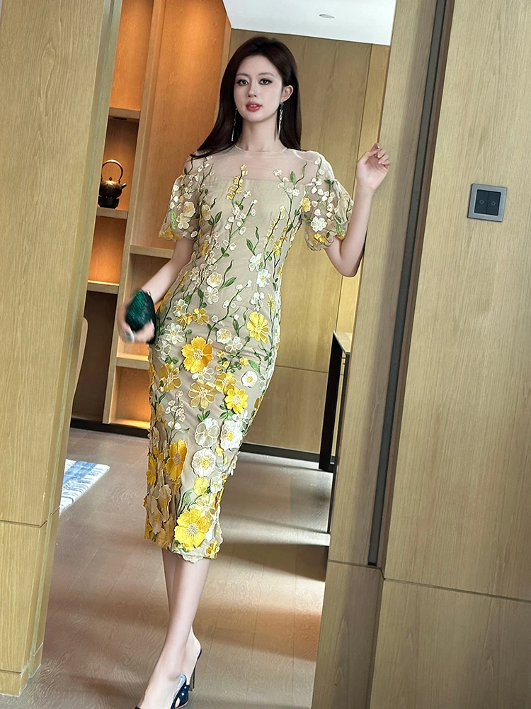 프랑스 우아한 사교계 명사풍 중공업 자수 라운드넥 반팔 하이웨이스트 슬림 힙 랩 롱 이브닝 드레스 여성용