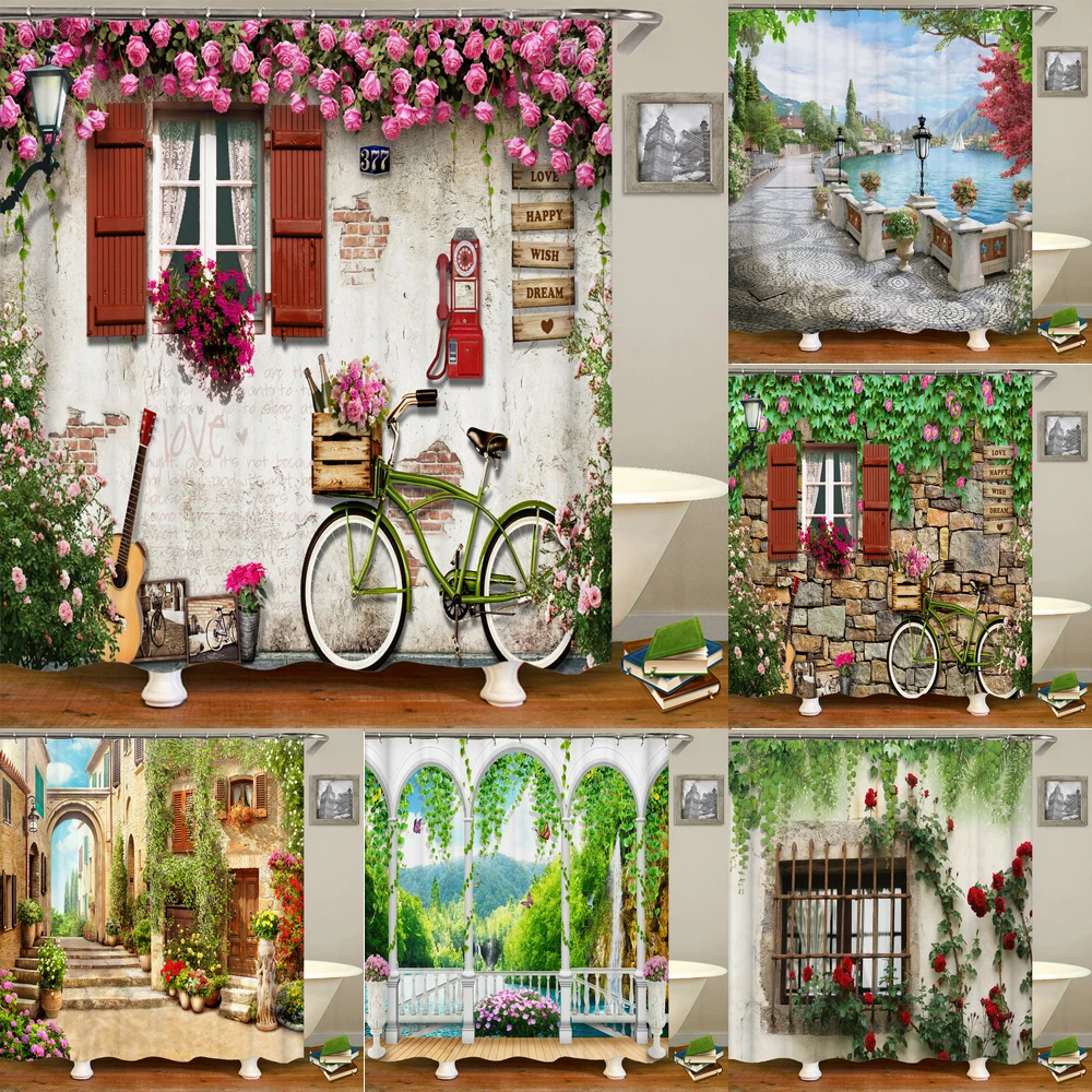 3D European rural town flowers landscape printing bathroom waterproof shower curtain polyester curtain home decoration curtain