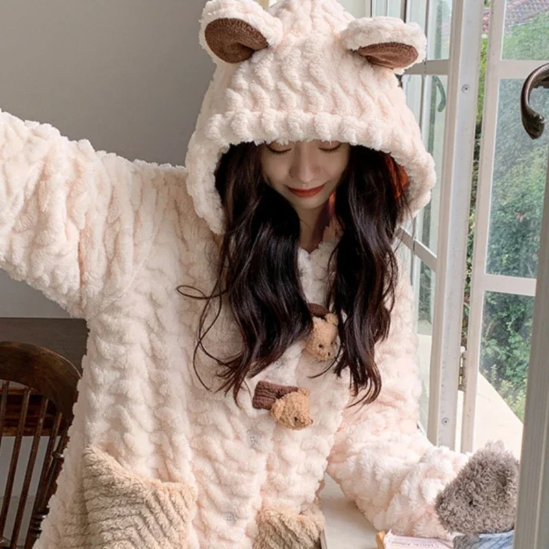 Women\'s Autumn Winter New Kawaii Coral Velvet Pajamas Nightgown Thickened Warm Hooded Long Bathrobe Korean Style Girls Homewear