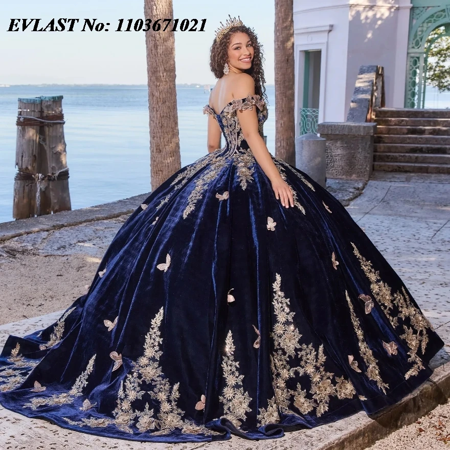 EVLAST Navy Blue Quinceanera Dress Ball Gown Gold 3D Butterfly Applique Beading With Cape Sweet 16 Vestidos De 15 Anos SQ218