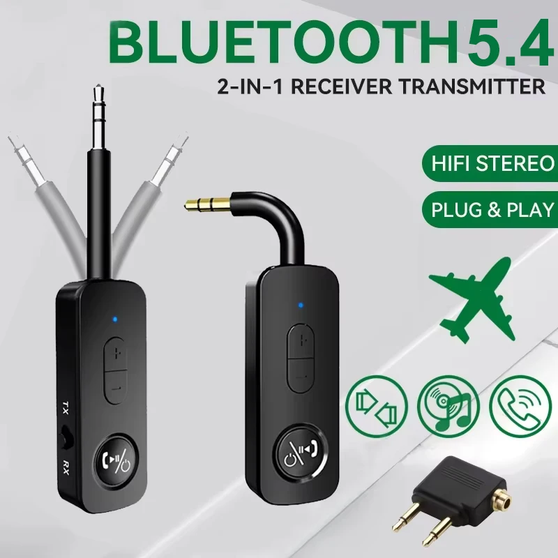 2 in 1 Bluetooth 5.4 Audio-ontvanger Zender HiFi Stereo Draadloze Adapter 3.5 MM AUX Met Microfoon Voor Vliegtuig Auto TV PC Speaker