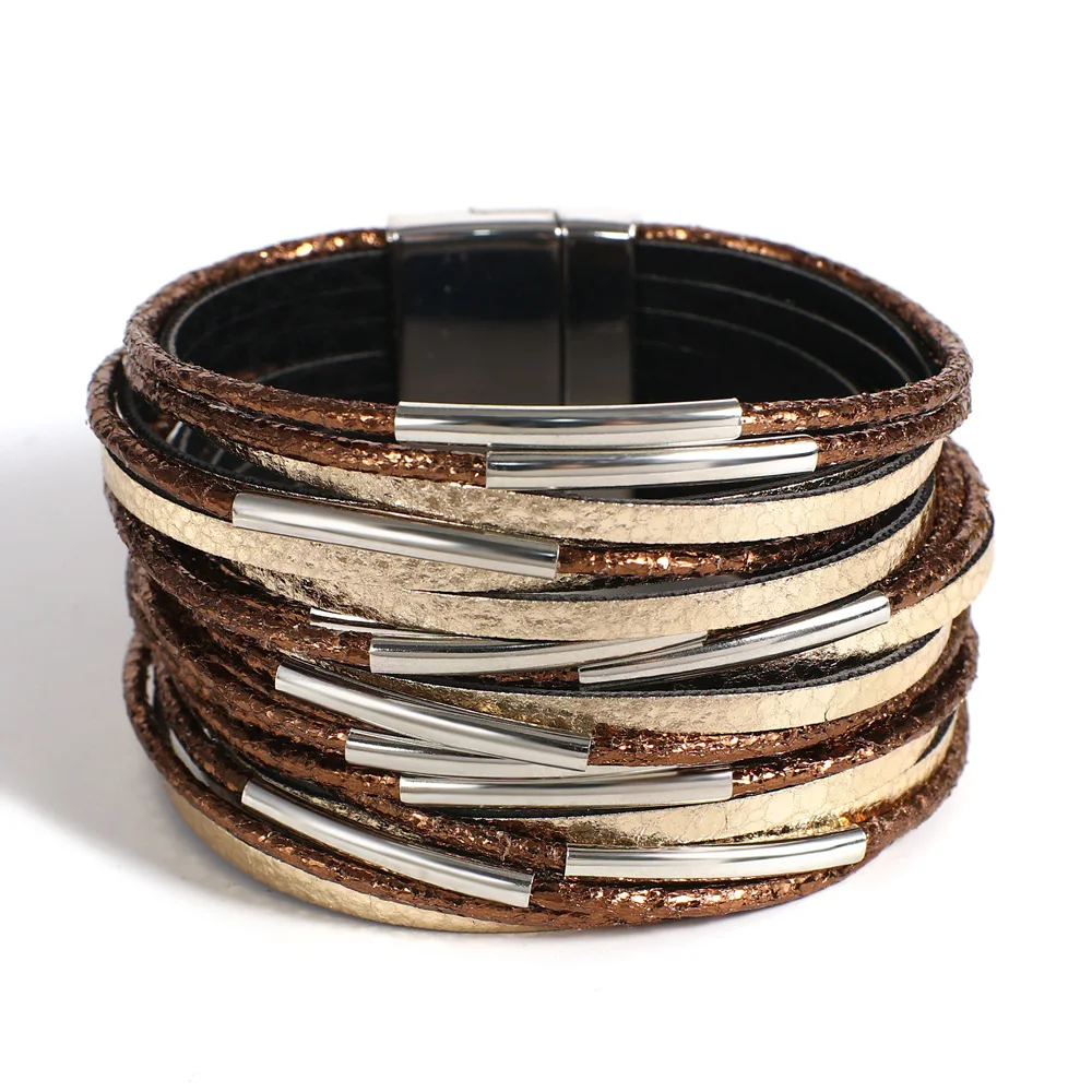 ALLYES Trendy Metal Tube Leather Bracelet for Women Men Chunky Glitter Filled Slim Multilayer Wrap Wide Bracelets Party Jewelry