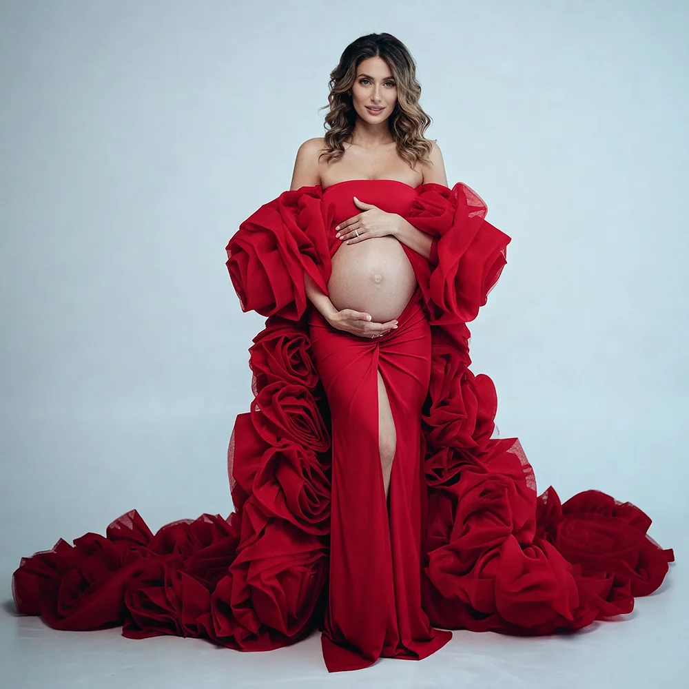 Elegant Red Maternity Photoshoot Dresses Strapless Pregnancy Dress with Detachable Floral Ruffled Tulle Overskirt YW264252D